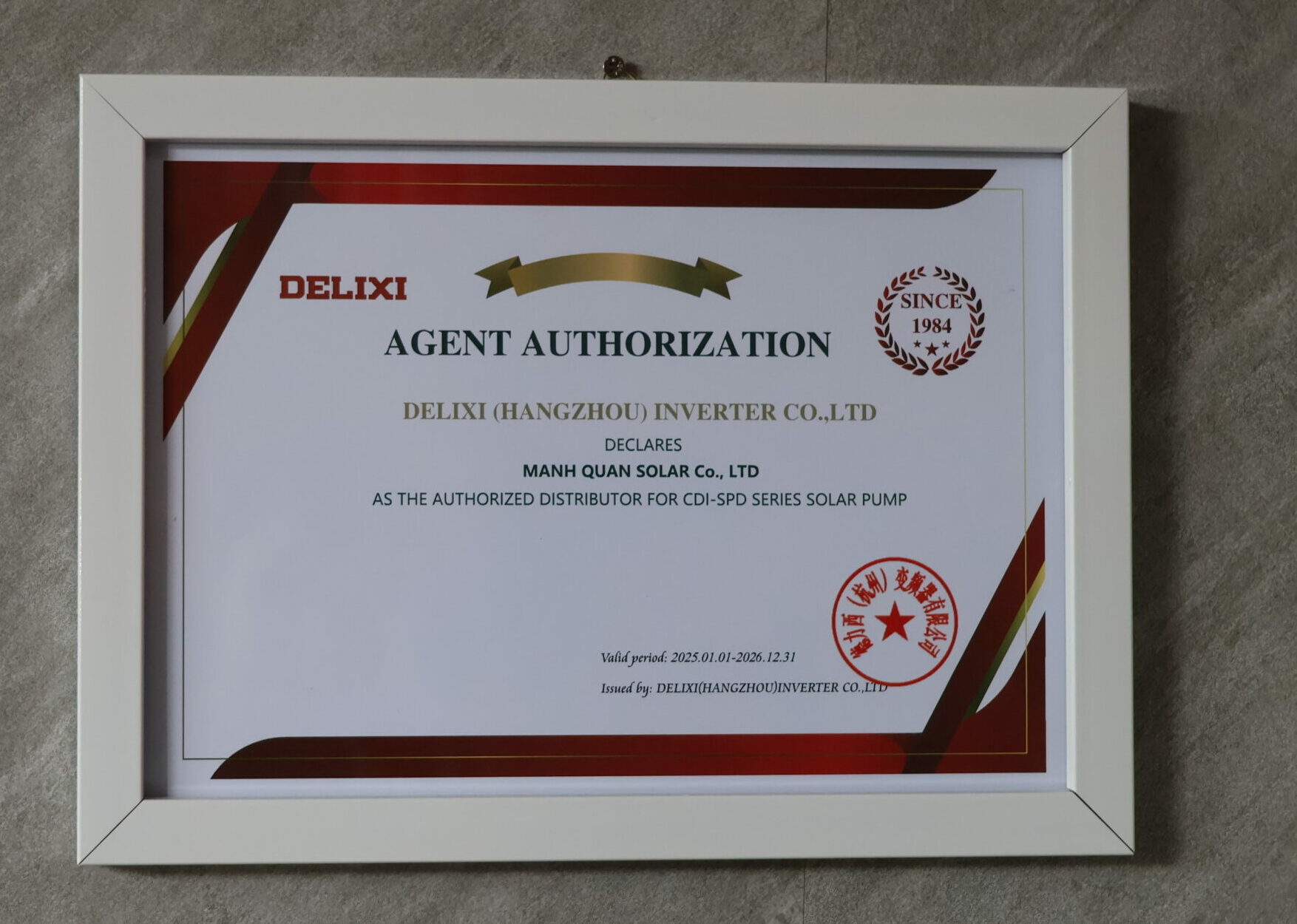 Mạnh Quân Solar nhận giấy chứng nhận là đại lý ủy quyền chính thức của Delixi cho dòng biến tần bơm CDI-SPD series.