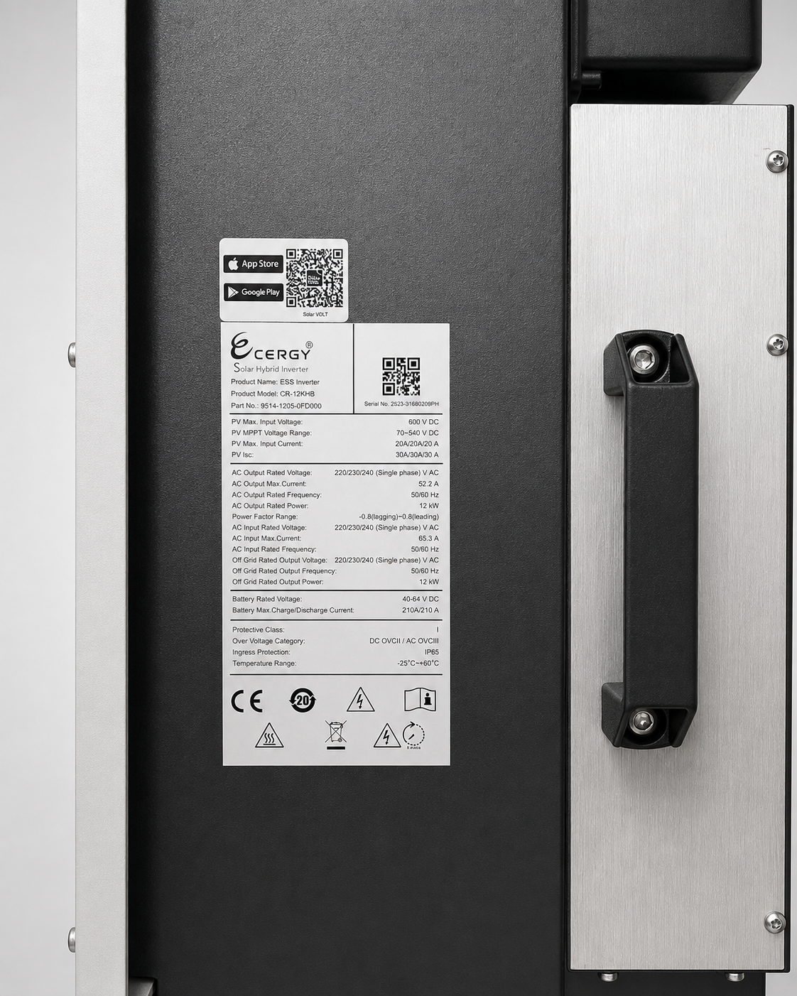 Cergy Hybrid 12kW là biến tần Hybrid 1 pha cao cấp, vận hành linh hoạt giữa điện mặt trời, pin lưu trữ và điện lưới, phù hợp cho hệ dân dụng công suất lớn. Thiết bị chuẩn IP65, tích hợp 3 MPPT, chuyển nguồn dưới 10ms và hỗ trợ giám sát hệ thống qua Wi-Fi/LAN, ứng dụng trên điện thoại.