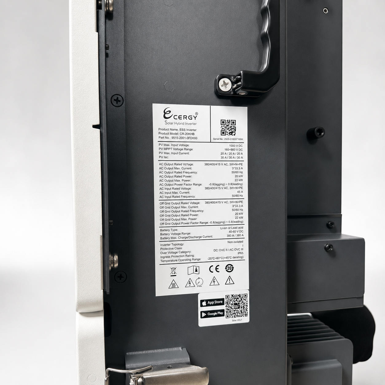 Cergy Hybrid 20kW 3 pha là dòng biến tần Hybrid công suất lớn, vận hành linh hoạt giữa điện mặt trời, pin lưu trữ, điện lưới và máy phát, phù hợp cho nhà xưởng, cơ sở kinh doanh và hệ thống điện mặt trời thương mại. Thiết bị sở hữu 3 MPPT, chuẩn IP65, hỗ trợ pin 48V, công suất PV lên đến 40kW, đồng thời hỗ trợ giám sát thông minh qua Wi-Fi/LAN và ứng dụng trên điện thoại.